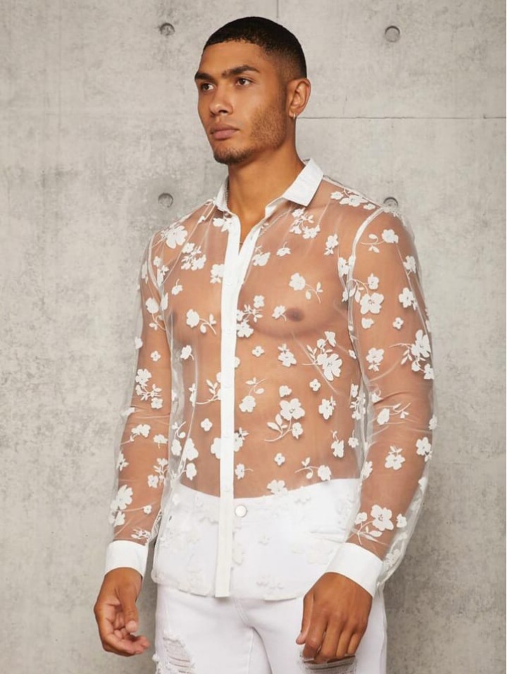 Men's Floral Print See Through Long Sleeve Button Up Plain Shirt
